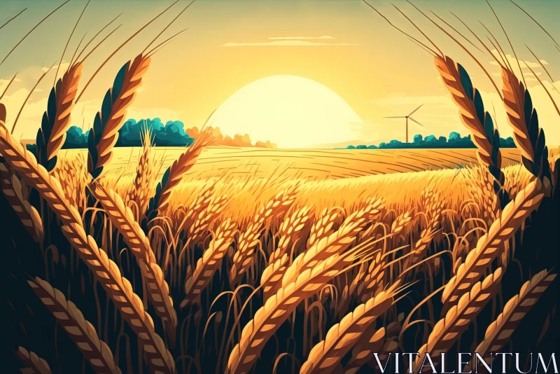 Golden Wheat Field Sunset Vector Illustration | Organic Graphic Art AI Image