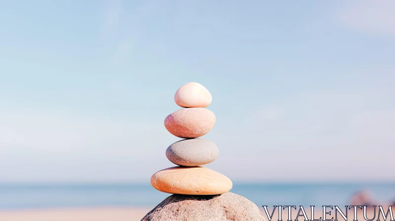Balanced Stones on Rock - Beach Scene AI Image
