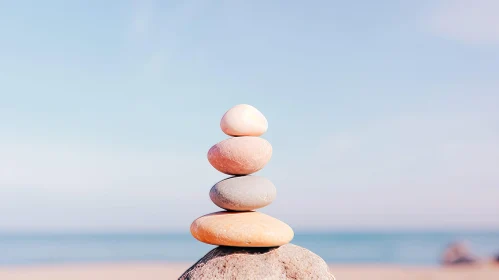 Balanced Stones on Rock - Beach Scene
