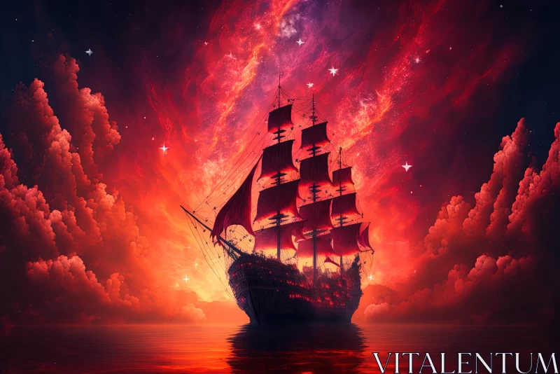 Mystical Pirate Ship on a Red Ocean - Vivid Dreamscapes and Cosmic Symbolism AI Image