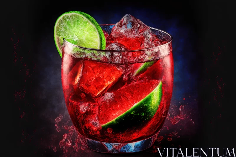 Vibrant Red Cocktail with Lime and Ice on Black Background AI Image