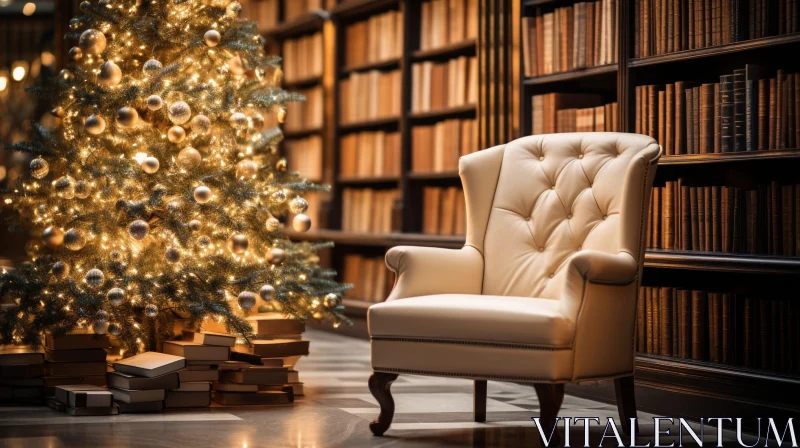 Cozy Christmas Library Scene AI Image