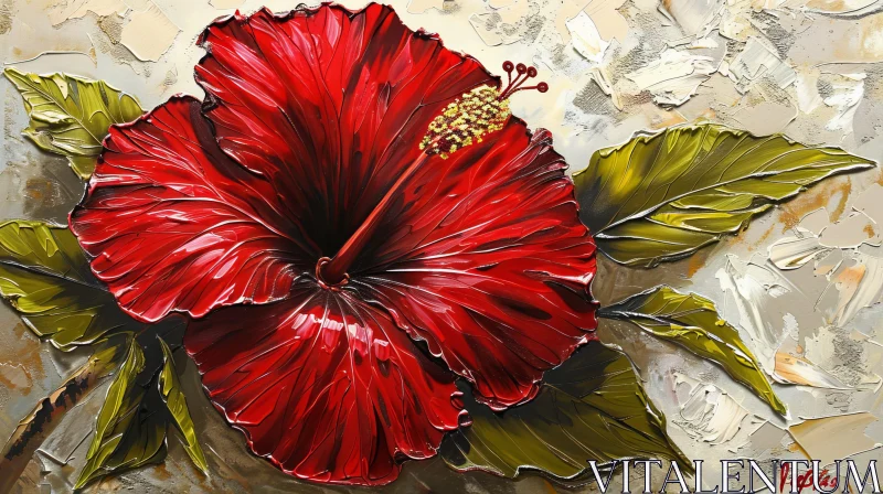 AI ART Red Hibiscus Flower Painting - Botanical Artwork