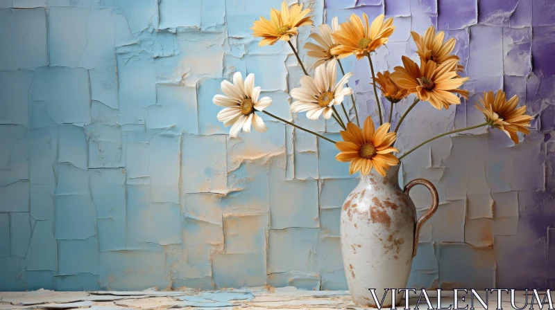Rustic Ceramic Vase with White and Yellow Daisies AI Image