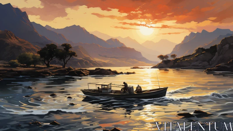 Tranquil Lake Sunset Landscape Painting AI Image