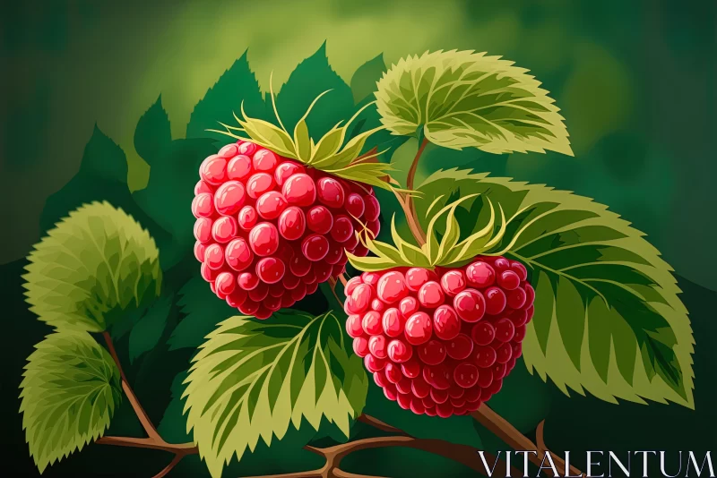 Vibrant Illustration of Two Raspberries on a Branch AI Image