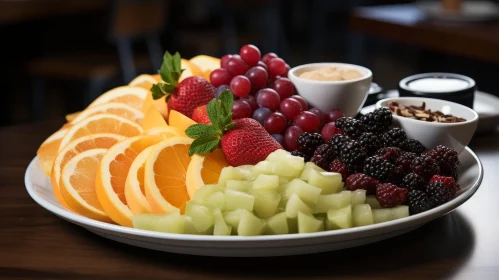 Colorful and Fresh Fruit Plate on Dark Wood Table