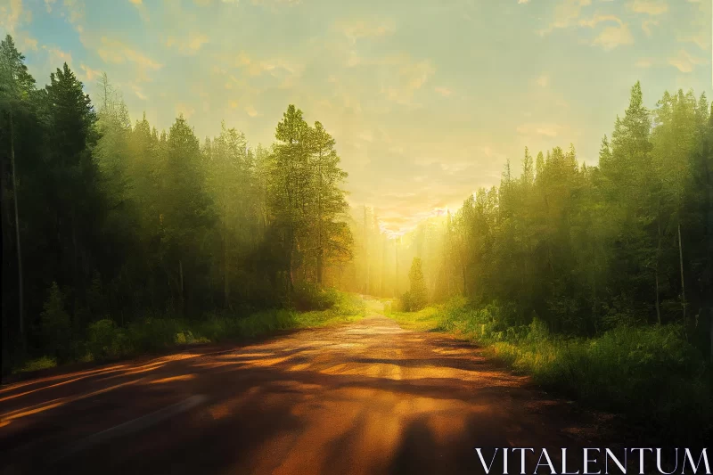 Serene Forest Road: Richly Colored Skies and Dreamy Depictions AI Image