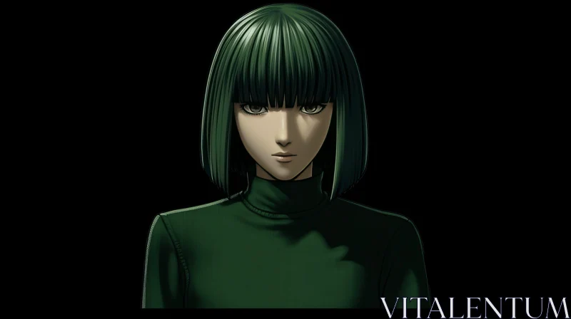 Serious Young Woman Portrait in Green Turtleneck Sweater AI Image