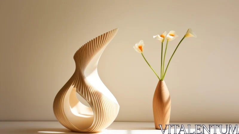 White Ceramic and Wooden Vase Still Life Composition AI Image
