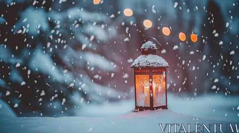 Winter Lantern Scene: Snowy Landscape with Glowing Lantern AI Image