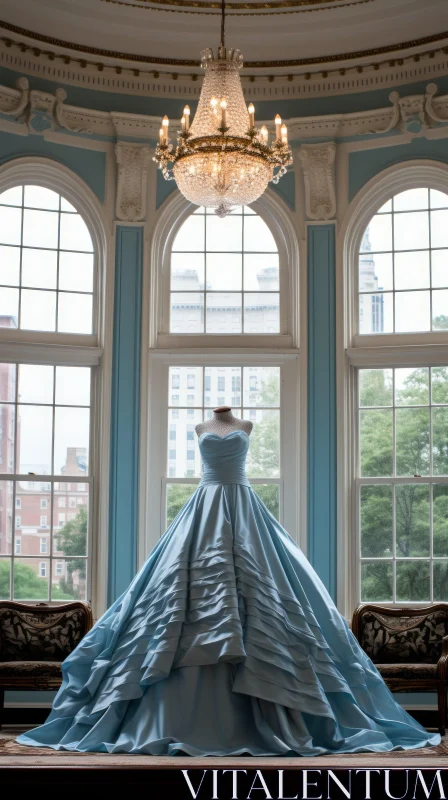 Elegant Blue Wedding Dress Displayed in a Spacious Room AI Image