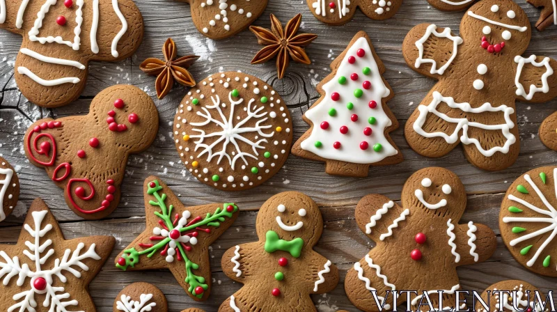 Festive Christmas Gingerbread Cookies on Wooden Table AI Image