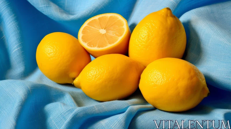 Five Lemons on Blue Cloth - Fresh and Colorful Image AI Image