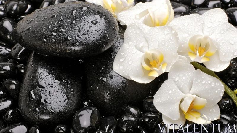 AI ART White Orchid Flower with Dew Drops on Black Stones
