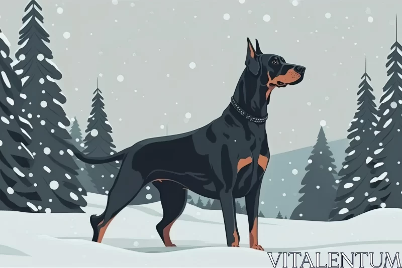 Winter Forest Doberman Dog Cartoon Illustration AI Image