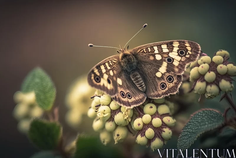 Brown Butterfly on Berry with Flower | Dramatic Atmospheric Perspective AI Image