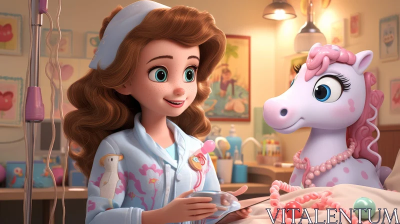 AI ART Cartoon Hospital Room with Young Girl and Unicorn Toy