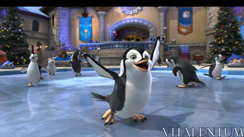 Cartoon Penguins Skating on Ice - Winter Joy Scene AI Image