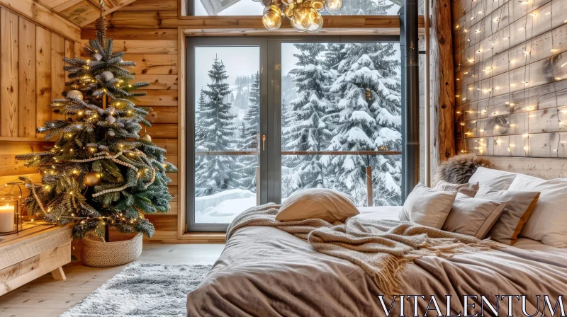 Cozy Bedroom with Christmas Tree and Snowy Forest View AI Image