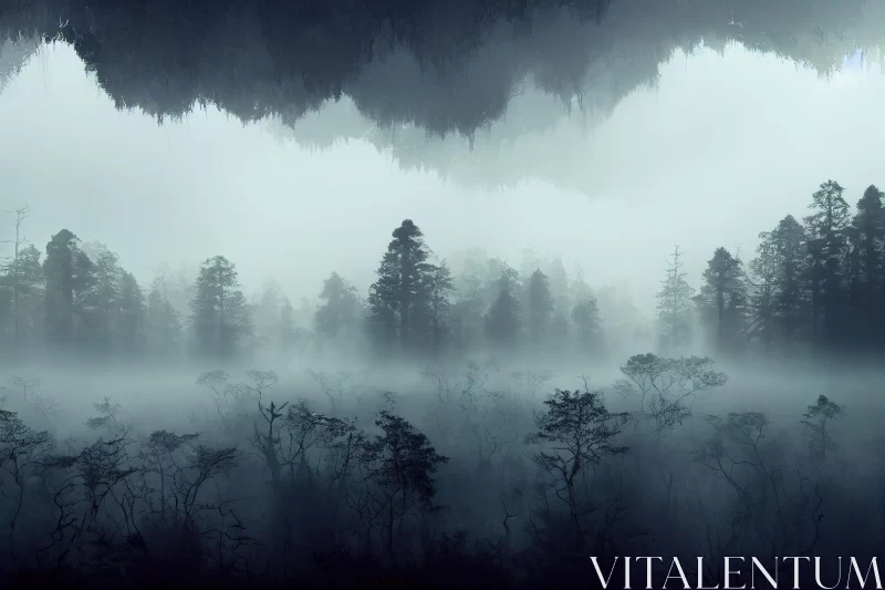 Enigmatic Forest in Fog: Mirrored Realms and Organic Formations AI Image