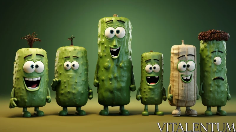 Funny Cartoon Cucumbers - Green Characters AI Image