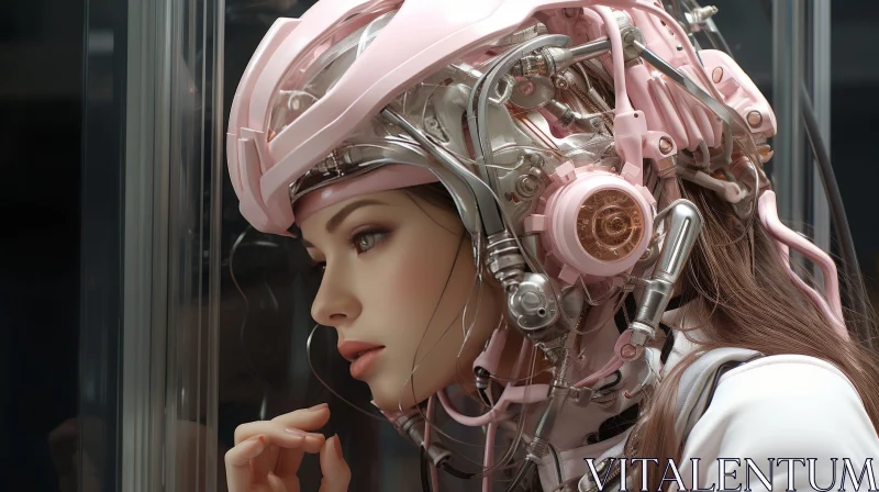 AI ART Portrait of Young Woman in Pink Helmet with Wires | Technology Theme