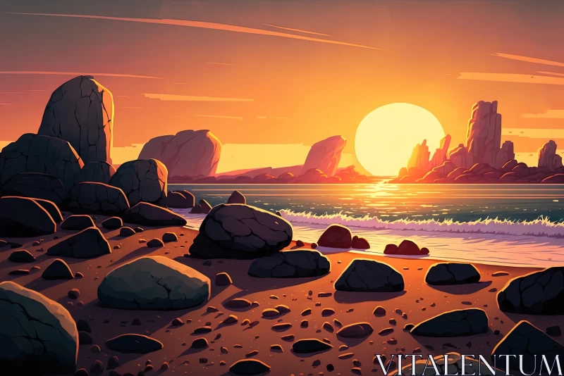 Serene Beach Scene with Rocks: 2D Game Art and Landscape Painting AI Image