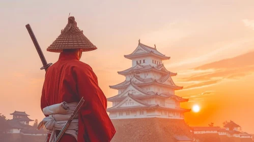 Traditional Japanese Samurai Warrior at Sunset AI Image