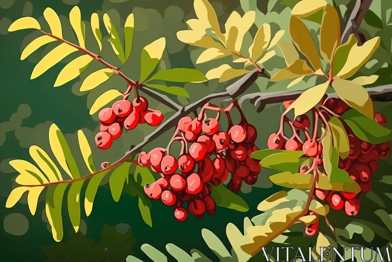 Vibrant Painting of Red Leaves and Berries on a Branch | Colored Cartoon Style AI Image