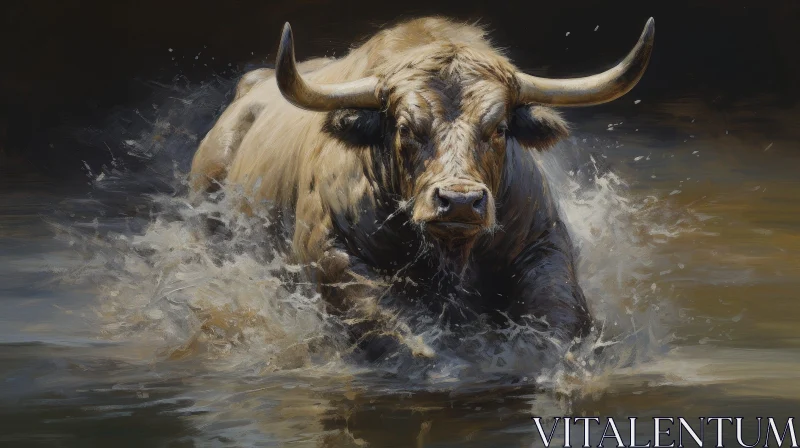 White Bull Running Through Water AI Image