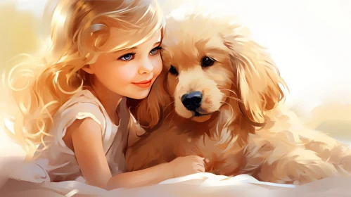 Blonde Girl with Blue Eyes and Golden Retriever Puppy