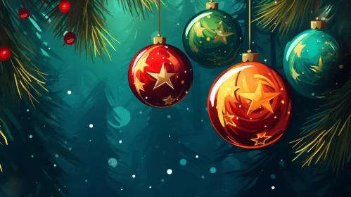 Christmas Ornaments on Pine Tree - Festive Digital Painting