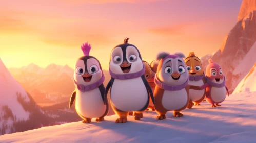 Snowy Mountaintop Penguins at Sunset