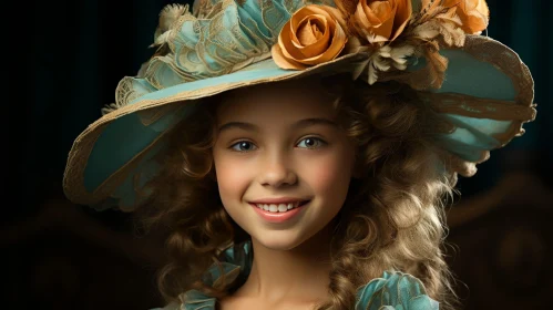 Young Girl in Blue Hat with Yellow Roses