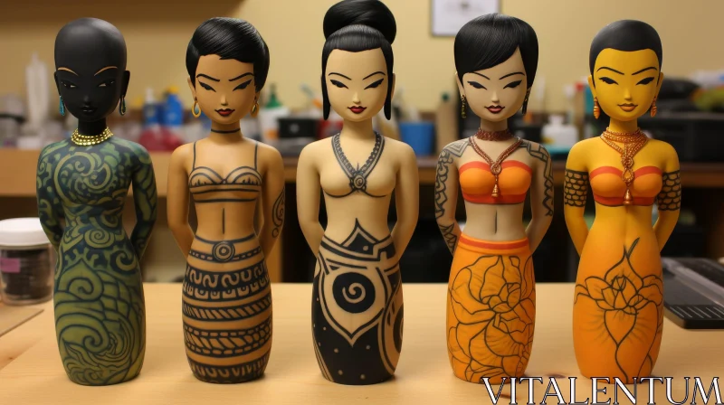 Colorful Ceramic Women Figurines on Table AI Image