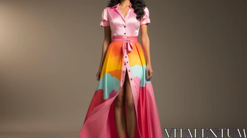 Elegant Pink and Blue Satin Dress with High Slit AI Image