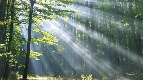 Enchanting Forest Scene with Sunlight and Mystery