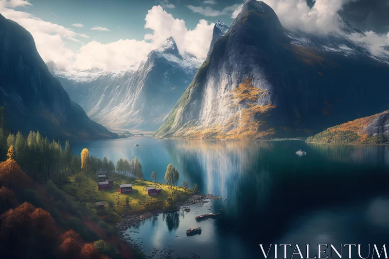 Serene Lake Surrounded by Majestic Mountains | Vibrant Fantasy Landscapes AI Image