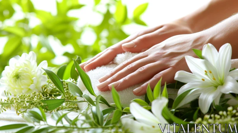 Tranquil Woman's Hands Among Green Leaves and White Flowers AI Image