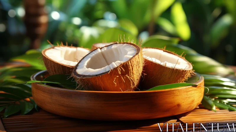 Tropical Coconut Bowl on Wooden Table AI Image