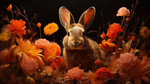 Brown Rabbit in Field of Flowers