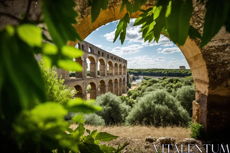 Captivating Arched Aqueduct: Historic Illustration of Mediterranean Landscapes AI Image