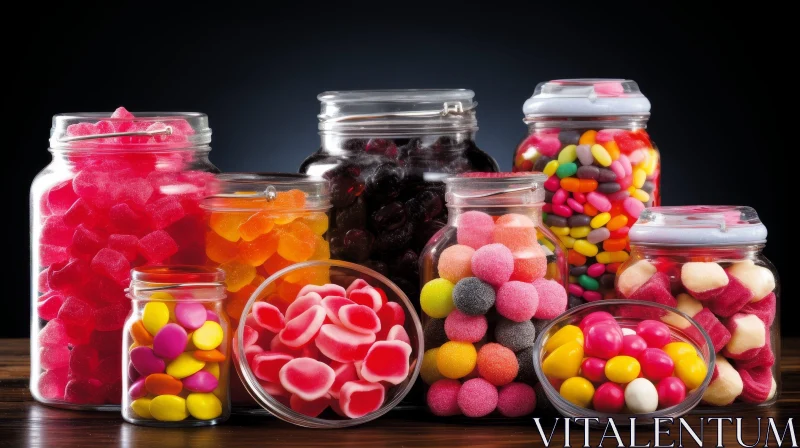 Colorful Candies in Glass Jars on Wooden Table AI Image