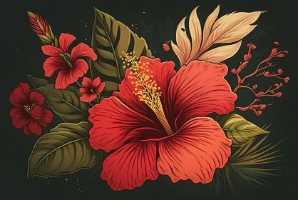 Exquisite Tropical Plant Artwork with Hibiscus Flowers and Leaves