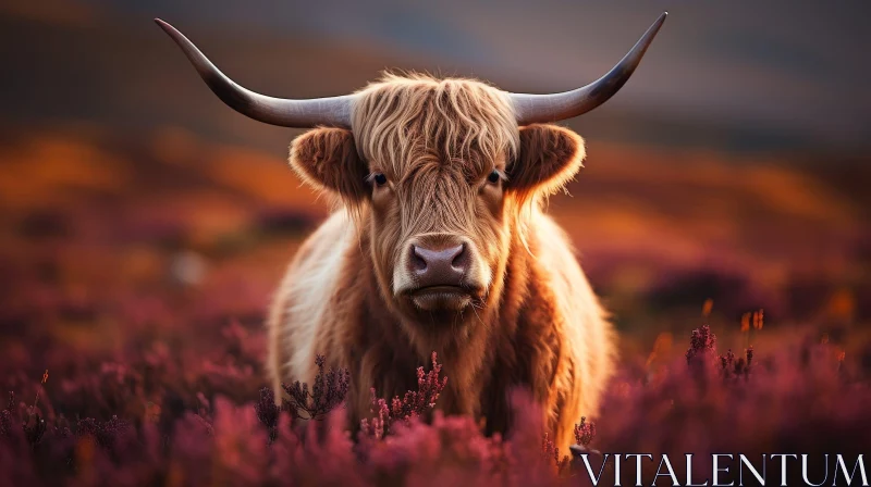 Highland Cow Portrait in Field of Flowers AI Image