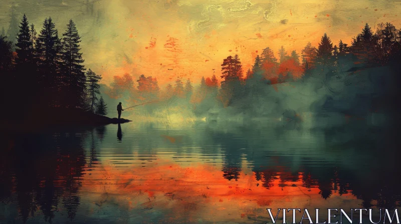 Tranquil Landscape Painting with Man Fishing in Lake AI Image