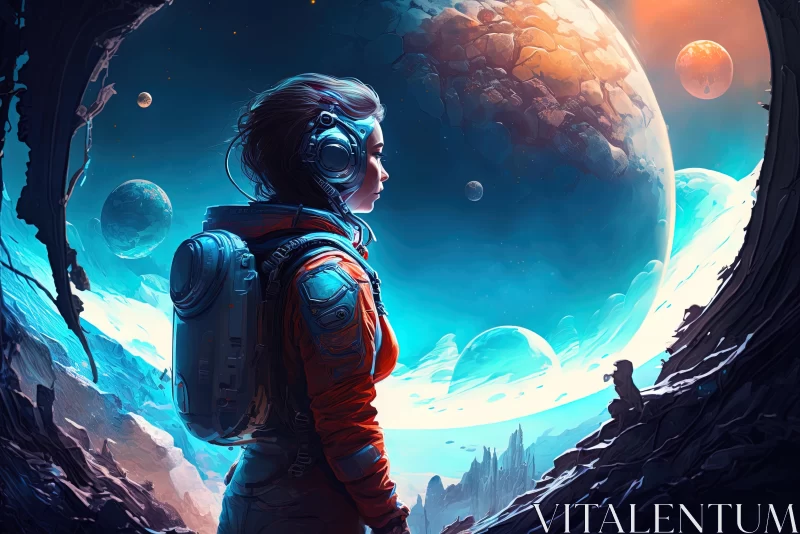 Captivating Sci-fi Art: A Girl and a Distant Planet in Space AI Image