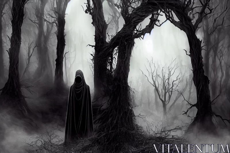 Dark Figure in the Blackish Forest - A Quietly Morbid and Wiccan Scene AI Image