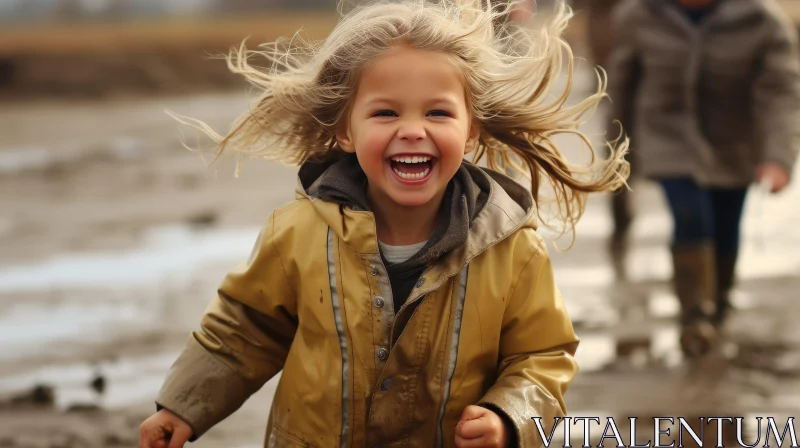 Joyful Girl Running in Mud AI Image